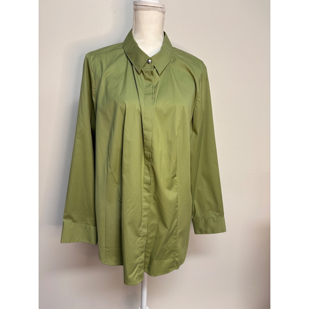 Denim & Co. Long Sleeve Green Collared Button-Up Blouse, Women's Plus Size 1X